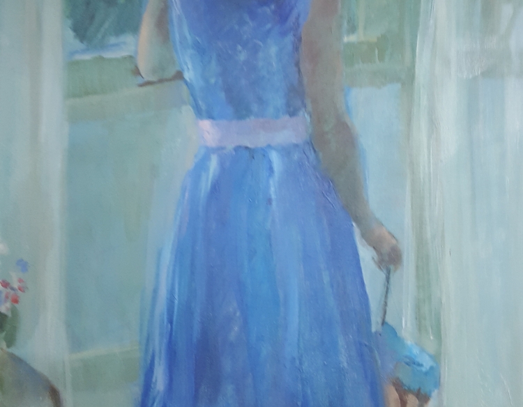 Oleo Cobe mujer vestido azul 60 x 50 Cod 31479